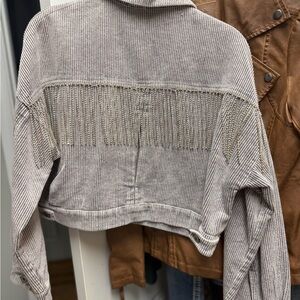 Corduroy Cropped Jacket with Sparkle Fringe Detail on back and sleeves.
